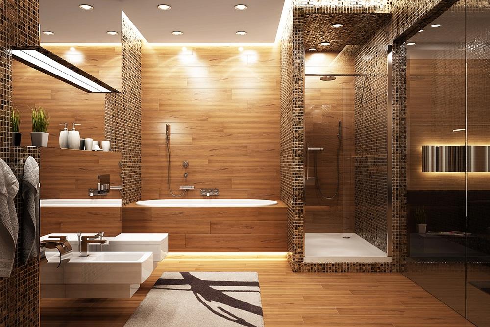 Плитка под дерево отлично вписывается в ванную комнату, которая выполнена в стиле модерн или хай-тек 