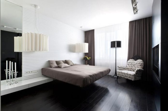 Дизайн спальни с полом черного цвета